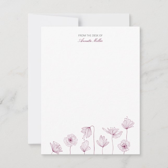 Burgundy Floral Personalized Stationery Note Card (Front)