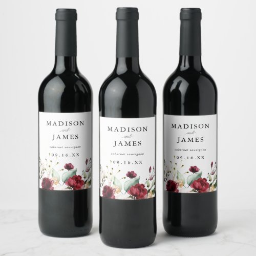 Burgundy Floral Personalized Wedding Wine Label