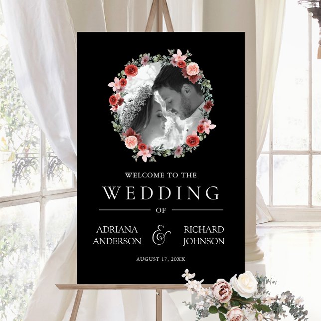 Burgundy Floral Photo Black Wedding Welcome Sign (Creator Uploaded)