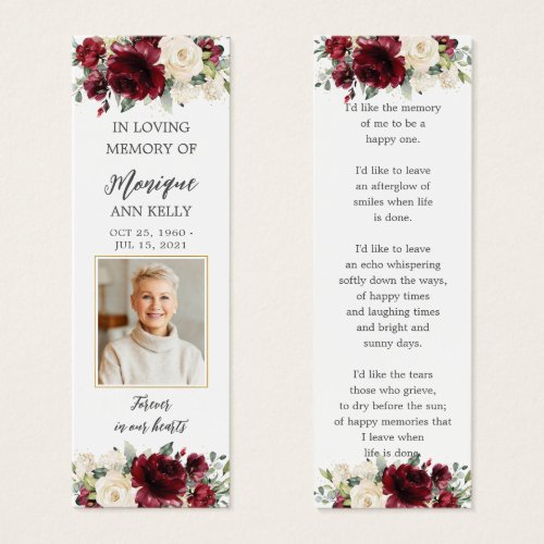 Burgundy Floral Photo Funeral Memorial Bookmark