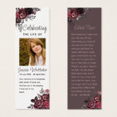 Burgundy Floral Photo Funeral Memorial Bookmark (Front & Back)
