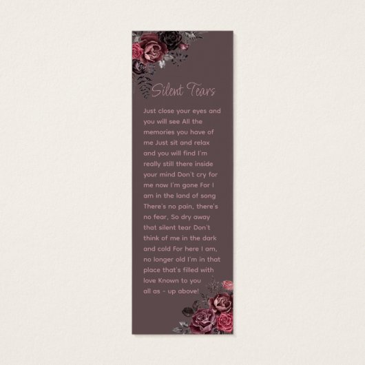 Burgundy Floral Photo Funeral Memorial Bookmark (Back)