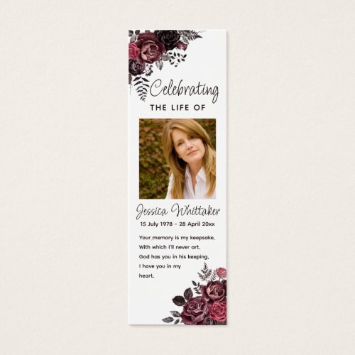 Burgundy Floral Photo Funeral Memorial Bookmark