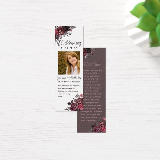Burgundy Floral Photo Funeral Memorial Bookmark (Desk)