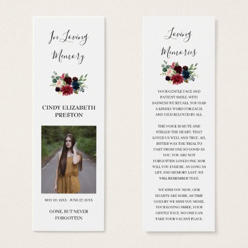 Burgundy Floral Photo Funeral Poem Bookmark Cards