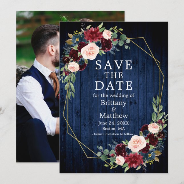 Burgundy Floral Photo Geo Frame Blue Wood Save The Date (Front/Back)