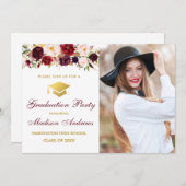 Burgundy Floral Photo Gold Graduation Party Invite (Front/Back)