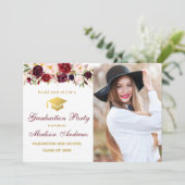 Burgundy Floral Photo Gold Graduation Party Invite (Standing Front)