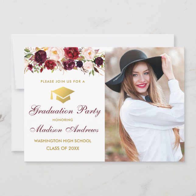 Burgundy Floral Photo Gold Graduation Party Invite (Front)