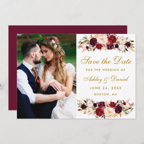 Burgundy Floral Photo Gold Save The Date