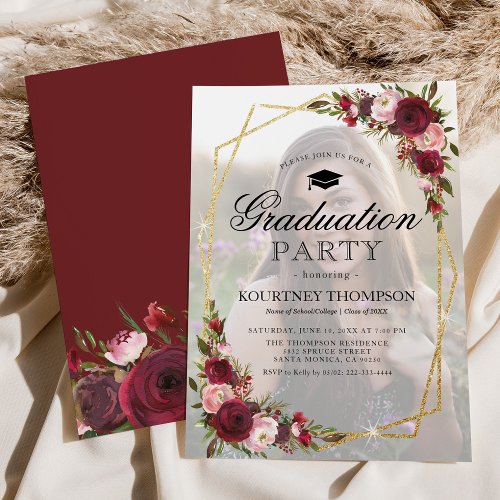 Burgundy Floral Photo Graduation Party Invitation