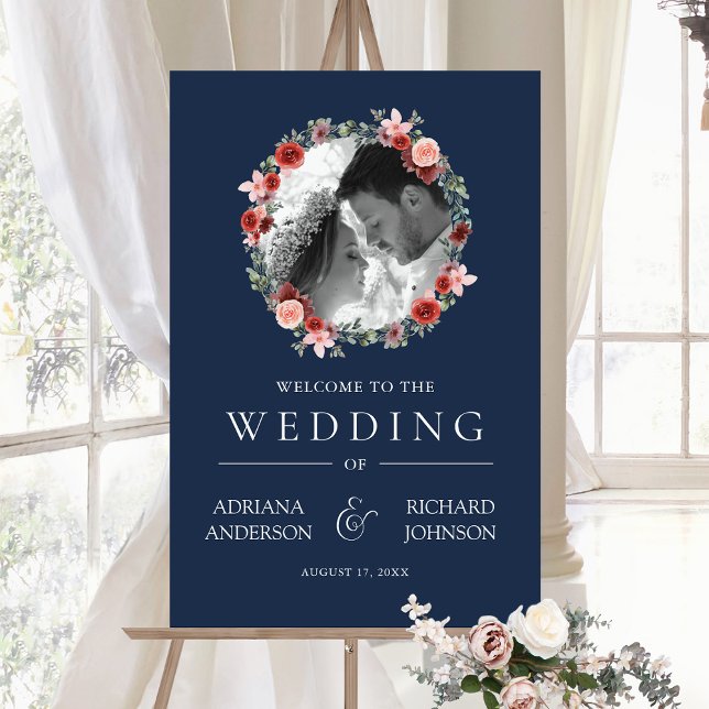 Burgundy Floral Photo Navy Wedding Welcome Sign (Creator Uploaded)