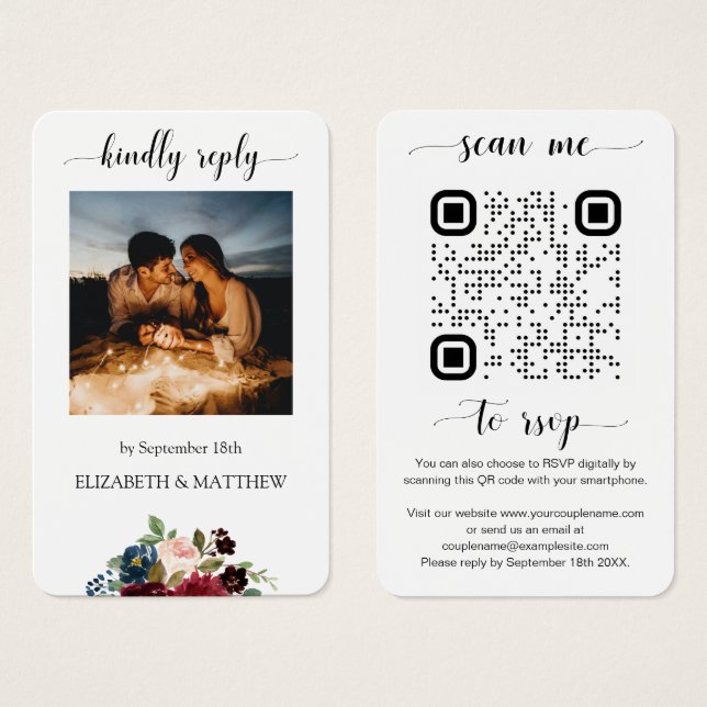 Burgundy Floral Photo QR Code Scan me to RSVP (Front & Back)