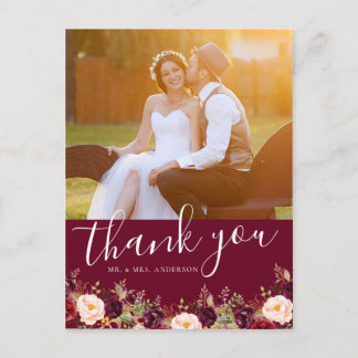 Burgundy Floral Photo Rustic Wedding Thank You Postcard