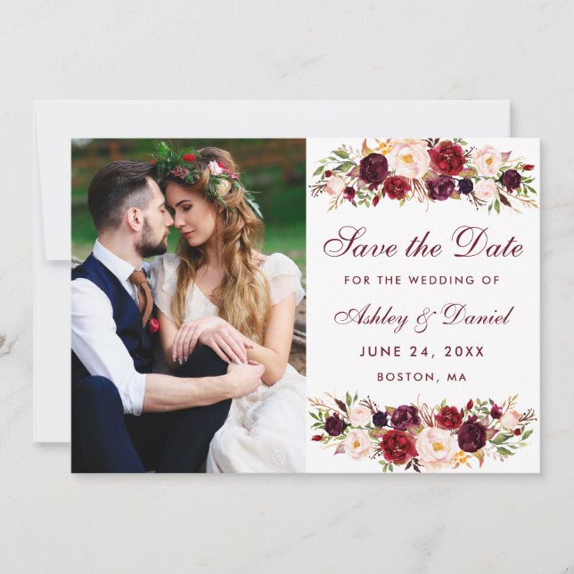 Burgundy Floral Photo Save The Date (Front)