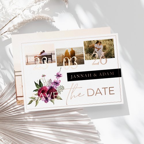 Burgundy Floral Photo Wedding Save the Date Rose Foil Invitation