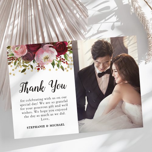 Burgundy Floral Photo Wedding Thank You