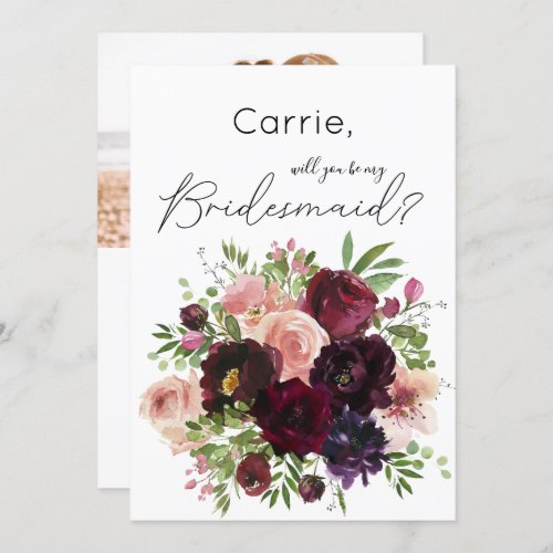 Burgundy Floral  Photo Will You Be My Bridesmaid Invitation
