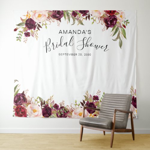 Burgundy Floral Pink Bridal Shower Photo Booth Tapestry