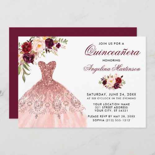 Burgundy Floral Pink Glitter Dress Quinceanera Invitation