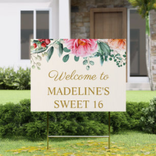 Burgundy Floral Pink Peonies Sweet 16 Welcome Sign