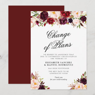 burgundy floral postponed wedding card
