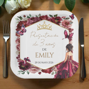 Burgundy Floral Presentación de 3 años Paper Plates