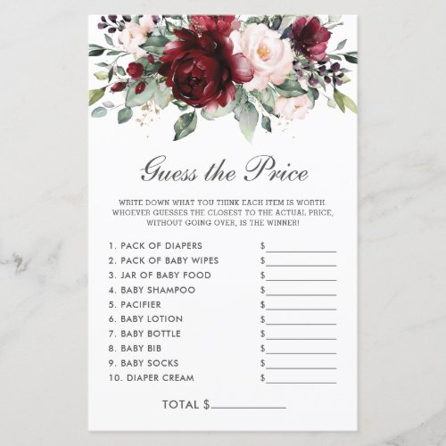 Burgundy Floral Price Guessing Baby Shower Game
