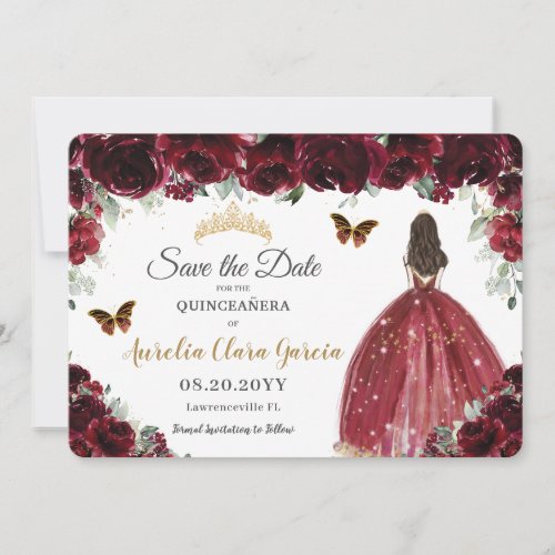 Burgundy Floral Princess Gold Quinceaera Sweet 16 Save The Date