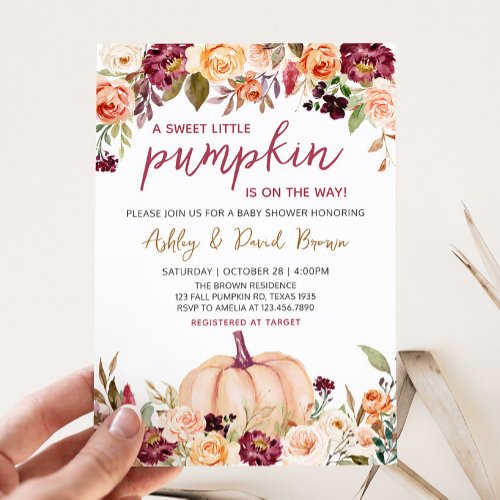 Burgundy Floral Pumpkin Baby Shower  Invitation