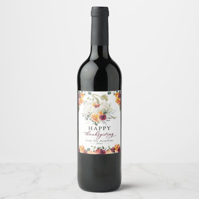 Burgundy Floral Pumpkin Happy Thanksgiving Wine Label (Front)