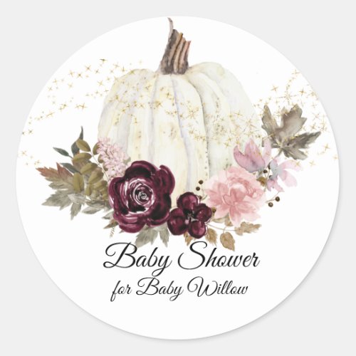 Burgundy Floral Pumpkin Pink Gold Baby Girl Shower Classic Round Sticker