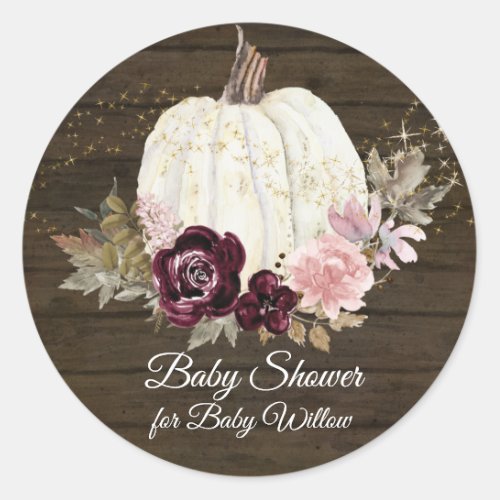 Burgundy Floral Pumpkin Pink Gold Wood Baby Shower Classic Round Sticker