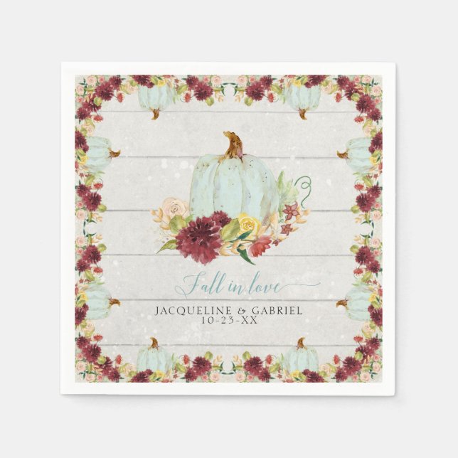 Burgundy Floral  Pumpkin Rustic Wood Fall in Love Napkins (Front)