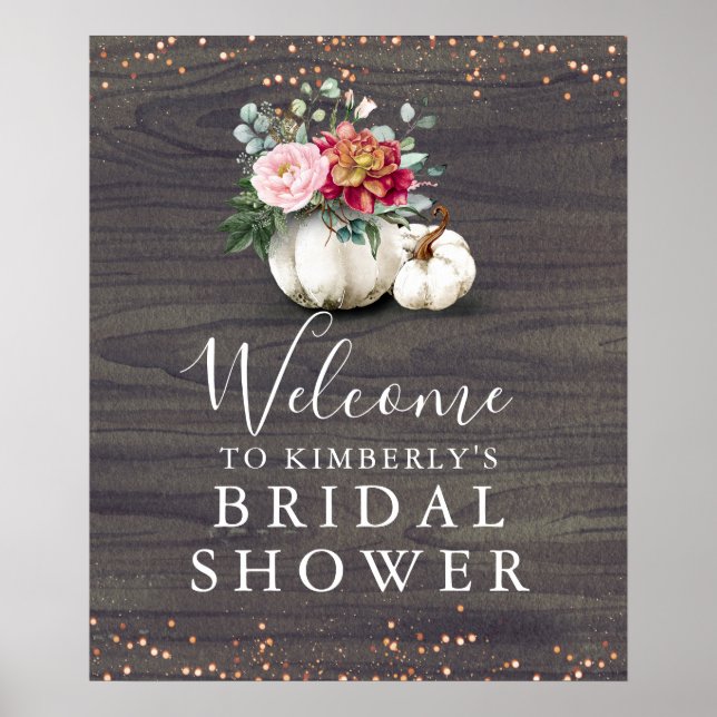 Burgundy Floral Pumpkins Bridal Shower Welcome Poster (Front)