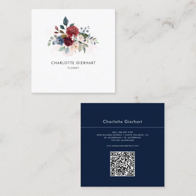 Burgundy Floral QR Code Botanical Florist Square Business Card (Front/Back)