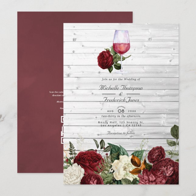 Burgundy Floral QR Code RSVP Wine Tasting Wedding Invitation (Front/Back)