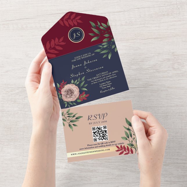 Burgundy Floral QR Code Wedding All In One Invitation (Tearaway)