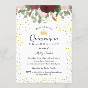 Burgundy Floral Quinceanera 15th Birthday Invitation