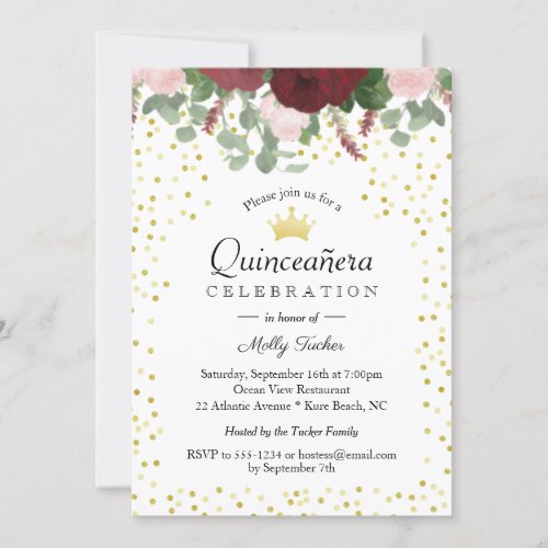 Burgundy Floral Quinceanera 15th Birthday Invitation