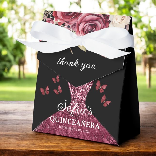 Burgundy Floral Quinceañera Butterflies Favor Boxes (Creator Uploaded)