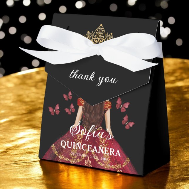 Burgundy Floral Quinceañera Butterflies Favor Boxes (Creator Uploaded)