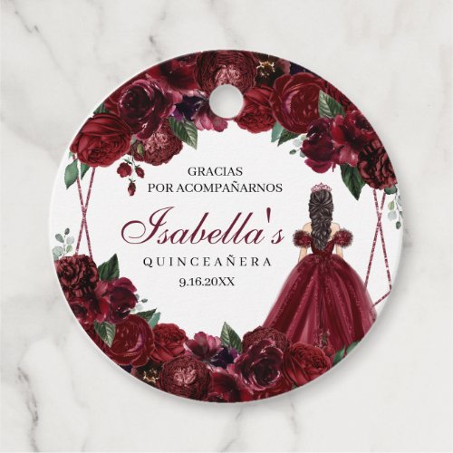 Burgundy Floral Quinceanera Circle Favor Tags