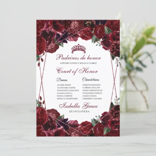 Burgundy Floral Quinceanera Court of Honor Invitation