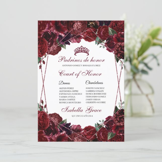 Burgundy Floral Quinceanera Court of Honor Invitation (Standing Front)
