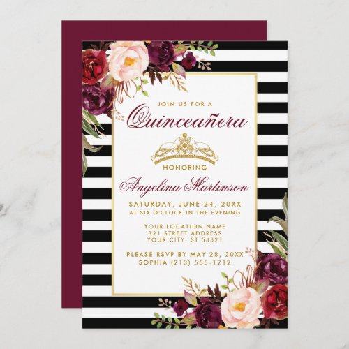 Burgundy Floral Quinceanera Gold Crown Stripes Invitation