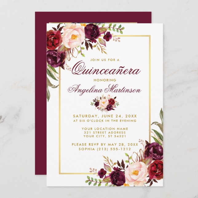 Burgundy Floral Quinceanera Gold Photo Back Invitation (Front/Back)