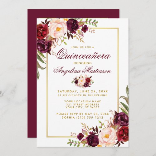 Burgundy Floral Quinceanera Gold Photo Back Invitation