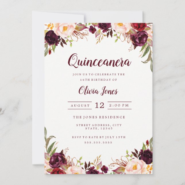 Burgundy Floral Quinceanera Invitation (Front)