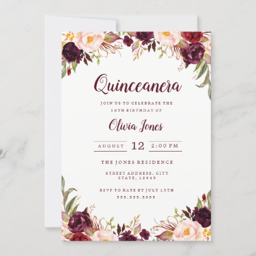 Burgundy Floral Quinceanera Invitation